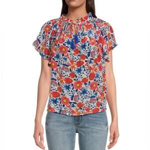 Karyn Seo Floral Printed Split Tie V-Neck Short Flutter Sleeve Top S